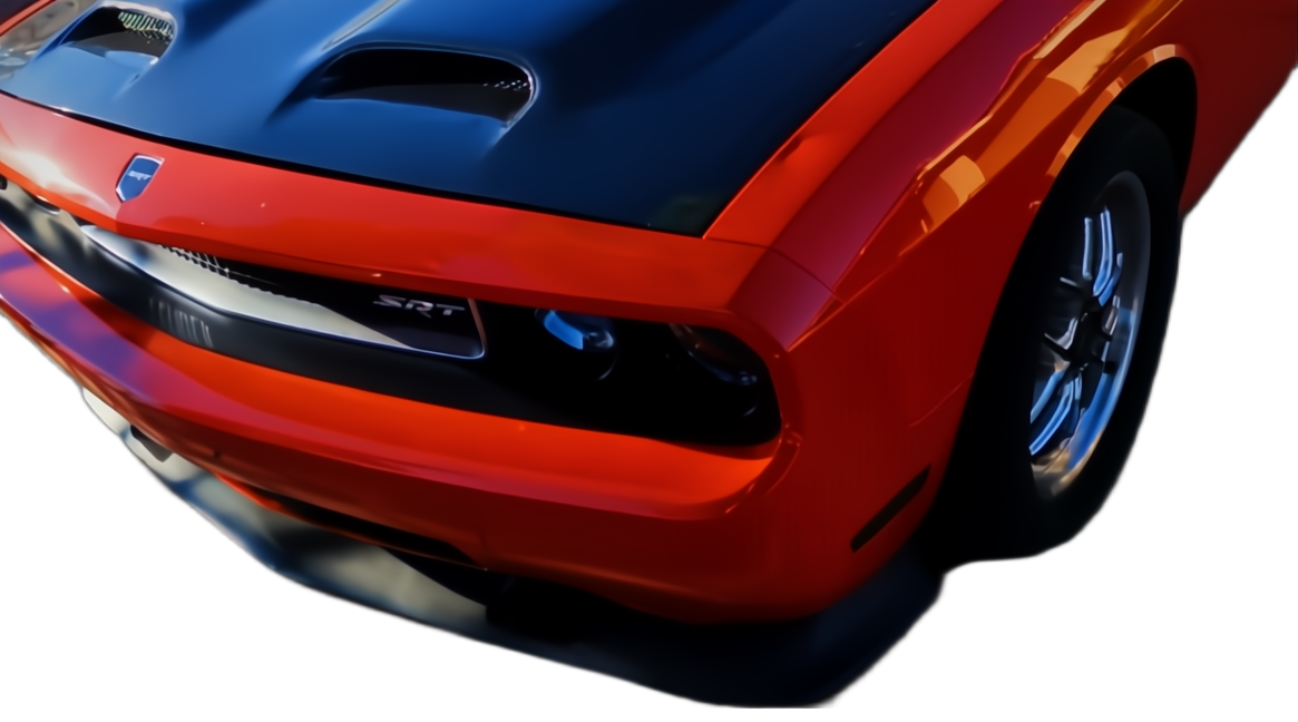 Red Challenger Hellcat rear three-quarter with black hood