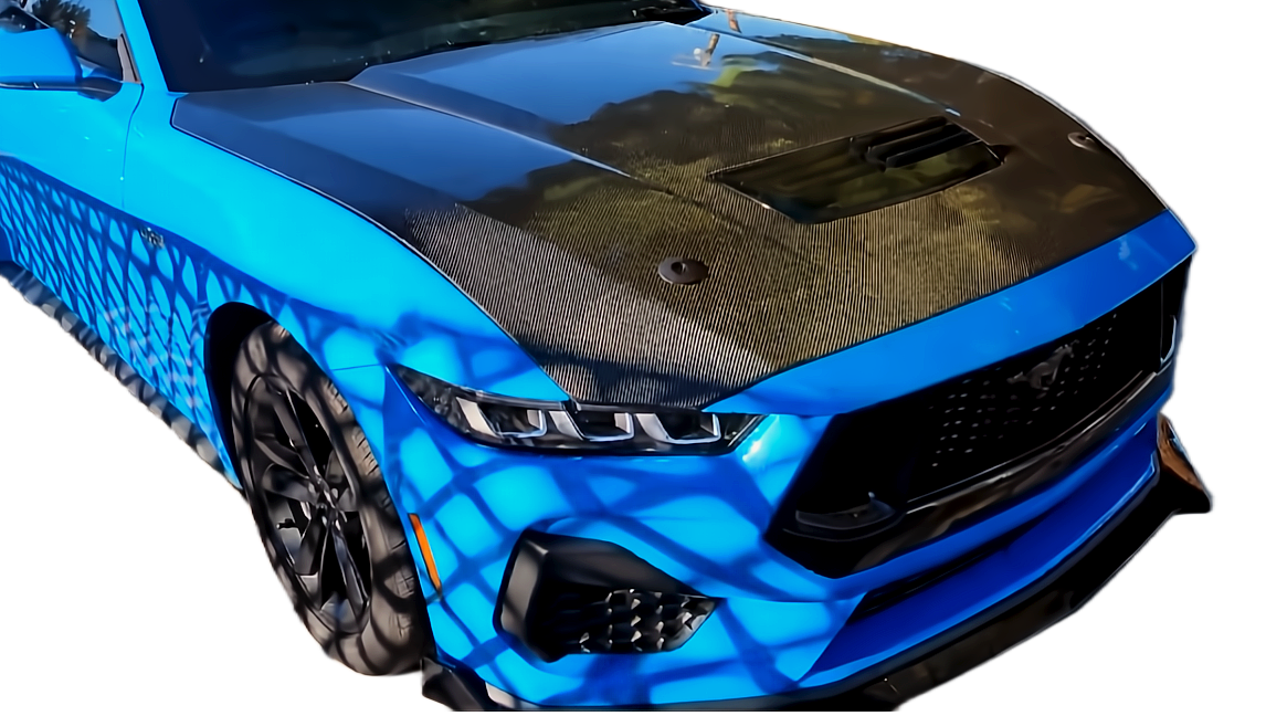 Blue Mustang front three-quarter with carbon hood